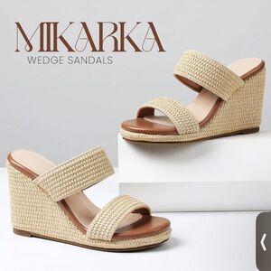 Beige Woven Wedge Sandals